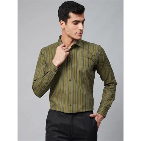 Stripes Men Olive Green Regular Fit Giza Cotton Striped Semiformal