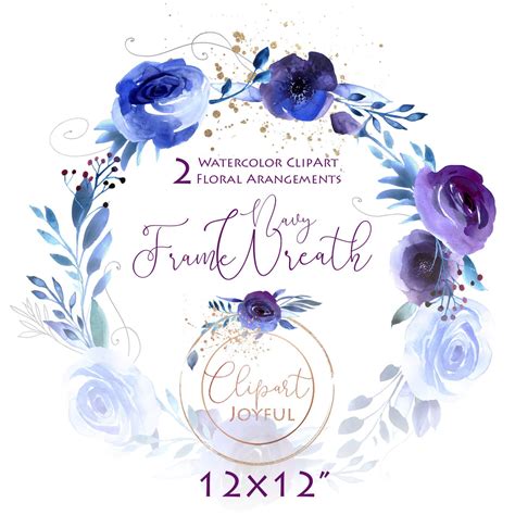 Blue Rose Wreath And Gold Frame Floral Clipart 2 Watercolor Etsy