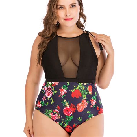 Plus Size Swimwear Flower Printed Sexy One Piece Swimsuit Women Mesh