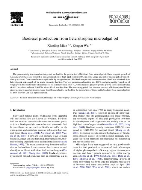 Pdf Biodiesel Production From Heterotrophic Microalgal Oil Karen