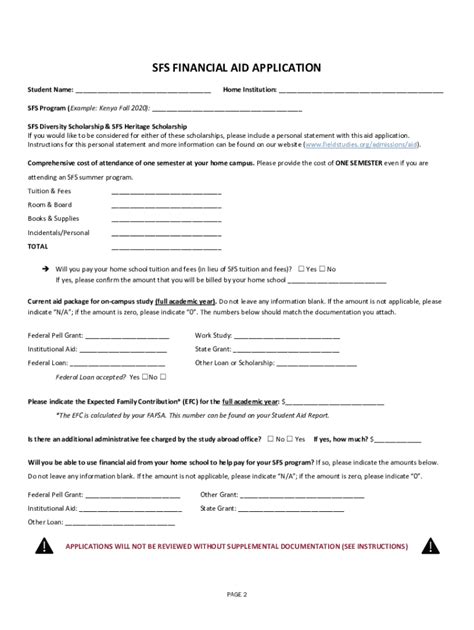 Fillable Online Sfs Financial Aid Application The School For Field