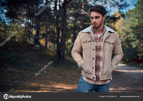 Handsome Bearded Man Forest Male Tourist Exploring New Places Stock