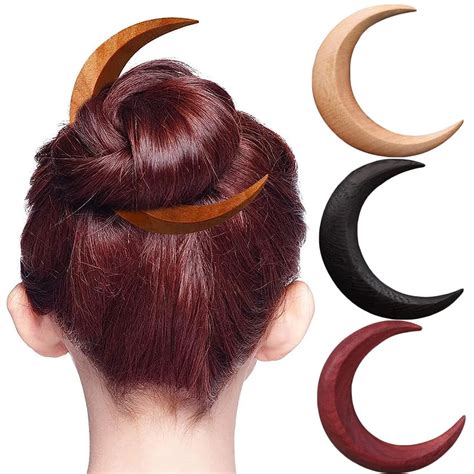 Solid Wood Moon Hair Sticks Hand Carved Wooden Crescent Hair Forks For