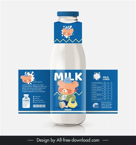 Milk Bottle Packaging Template Cute Cartoon Stylized Mouse Vectors