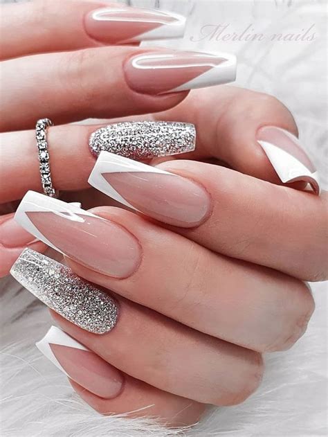 Cute White Modern V French Tip Coffin Nails With Silver Glitter Accent Nail Design F White