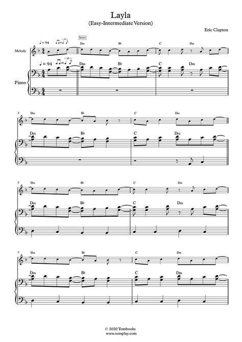 Piano Sheet Music Layla Easyintermediate Level Solo Piano Clapton