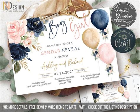 EDITABLE Floral Gender Reveal Invitation Set Navy Blush Gold Etsy