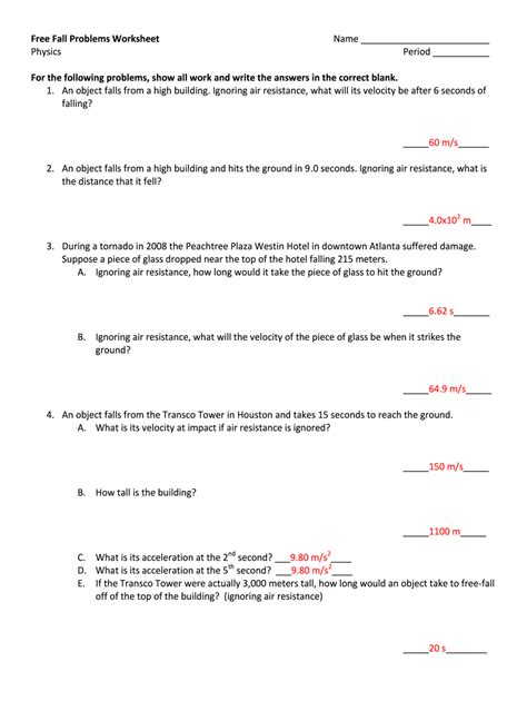 Free Fall Problems Worksheet - Wordworksheet.com