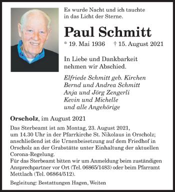 Traueranzeigen Von Paul Schmitt Saarbruecker Zeitung Trauer De