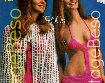 Bikini And Tunic 1970s Vintage CROCHET PATTERN Sexy Two Piece Swimwear Plus Coverup Watermarked