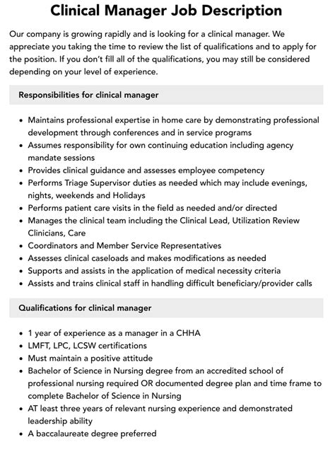 Clinical Manager Job Description Velvet Jobs