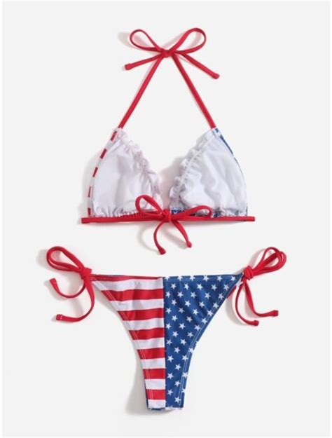 Buy Shein American Flag Print Halter Tie Side Bikini Swimsuit Online