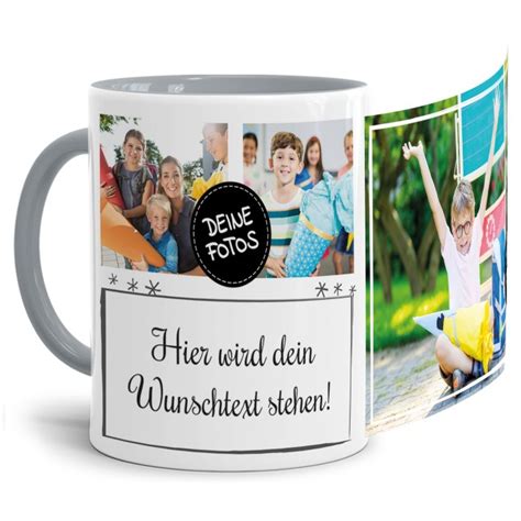 Tasse Mit Fotocollage Und Wunschtext 3 Fotos Innen Henkel Grau