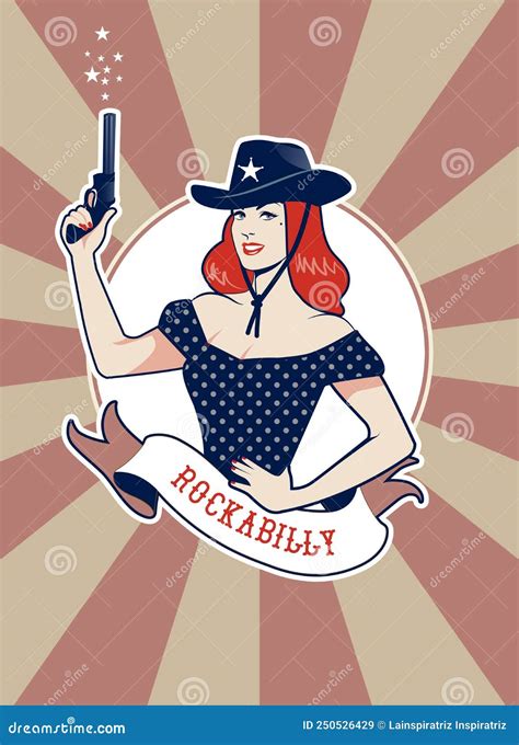 American Cowgirl Standing And Holding Up One Pistol To The Side Vector