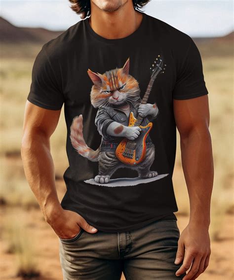 Cat Playing Guitar Shirt Cat Rock Star Shirt Mens Music Tee Mens