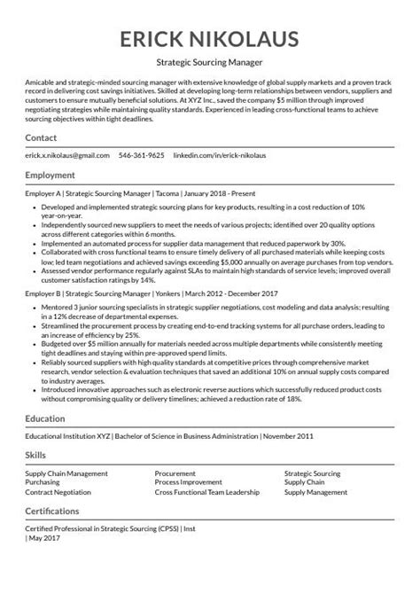 Strategic Sourcing Manager Resume CV Example And Writing Guide