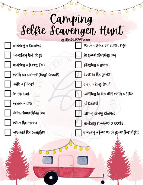 Camping Selfie Scavenger Hunt 3 Free Printable Versions