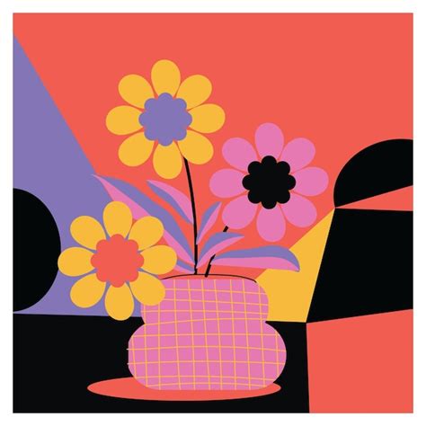 Coloridas flores y plantas en florero ilustración vectorial dibujada a