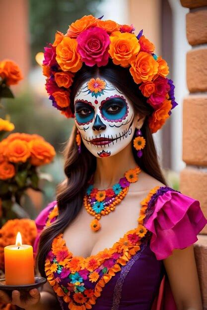 Premium AI Image A Woman With Sugar Skull Makeup At The Dia De Los