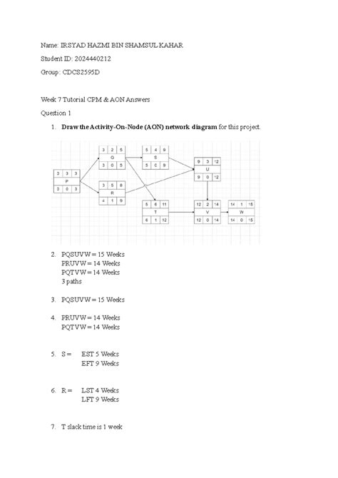 Week 7 Tutorial: CPM & AON Answers (CDCS2595D) - Studocu