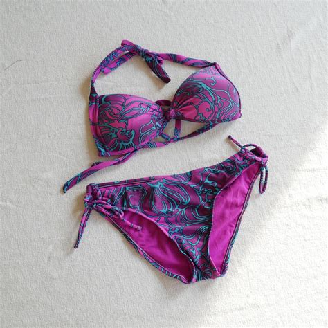Y K Vintage Bikini Piece Swimwear Low Rise Bathing Suit By Sunsets Purple Floral Size Small Etsy