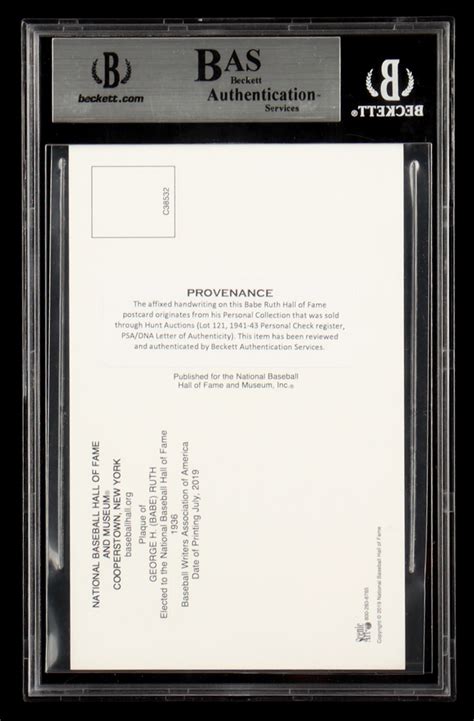 Babe Ruth Signed Cut On Hall Of Fame Plaque Postcard BAS Pristine