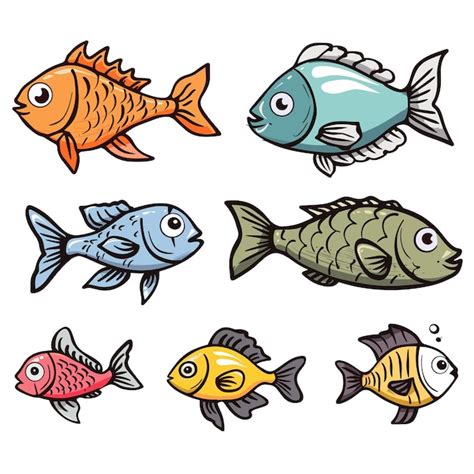 Colección de peces de dibujos animados de colores varias especies