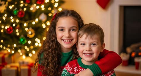 Joyful siblings sharing a warm embrace near a glowing Christmas tree