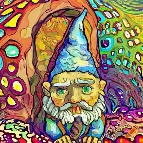 Trippy Eyed Gnome Living In A Mushroom House With Multicolored