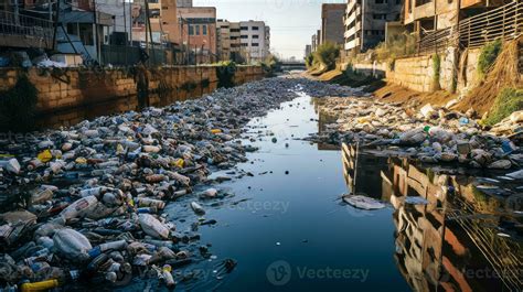 Polluted urban canal with trash and pollutants. Generative AI 30463353