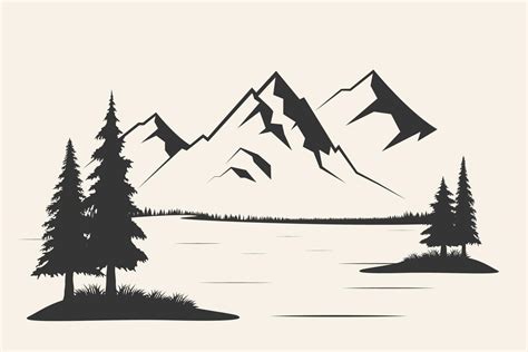 Mountain with pine trees and landscape black on white background ...