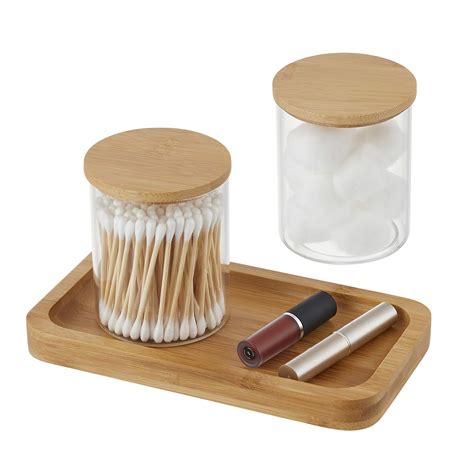 YININE Glass Qtip Holder Bathroom Jars With Vanity Tray Apothecary