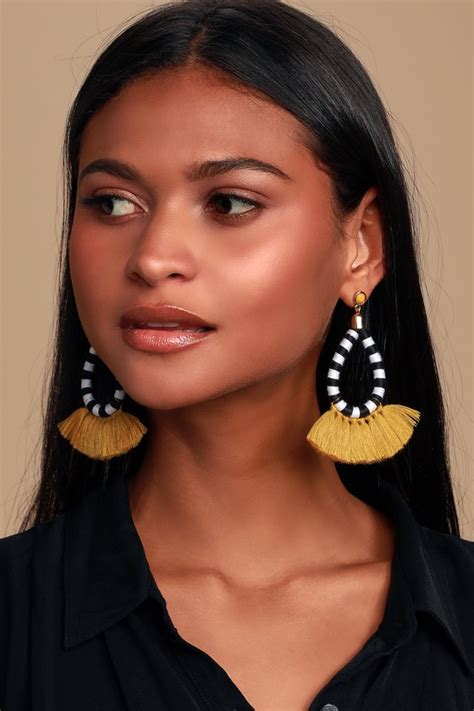 Cool Mustard Yellow Statement Earrings Black And White Earrings Lulus