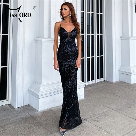 Missord 2021 Summer Women Sequins Deep V Neck Spaghetti Strap Long Prom