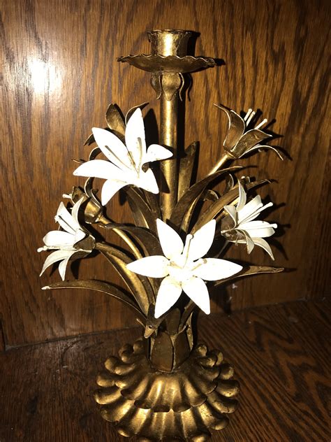 Vintage Metal Flower Candlestick Holders Tole Floral Candlestick