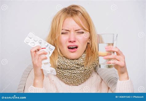 Woman Sick Person Hold Glass Water And Tablets Blister Take Pills