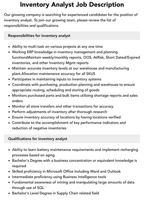 Inventory Analyst Job Description Velvet Jobs