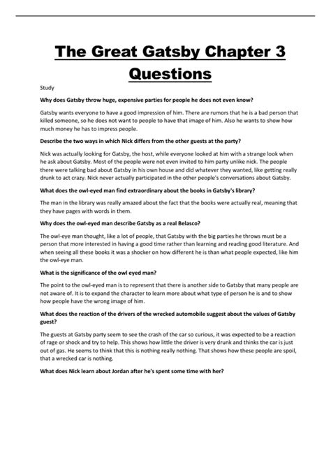 The Great Gatsby Chapter 3Questions with Correct Answers - The great