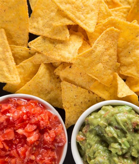 Tradition Mexican Guacamole And Salsa Dip Nachos Tortilla Chips Stock