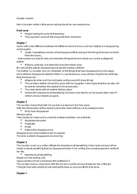 Chapter Analysis: Summary of "The Memory Police" Insights - Studocu