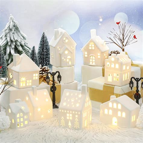 Cindeer 26 Pcs Ceramic Christmas Village Set 8 LED Christmas Village