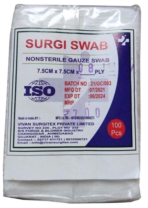 Cotton White Non Sterile Surgi Gauze Swab Size 10cm X 10cm 8 Ply At