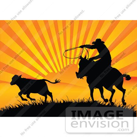 Royalty-Free (RF) Clip Art Of A Silhouetted Cowboy Roping A Calf At ...