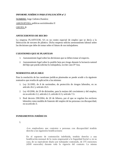 Informe Juridico Ejercicios De Relaciones Laborales Y Recursos