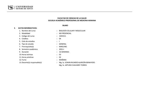 Silabo Biolog A Resumen I Facultad De Ciencias De La Salud