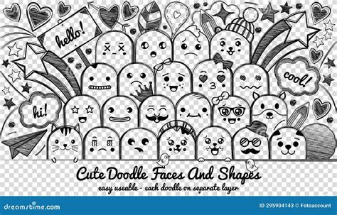 Doodle Kawaii Faces Set - Hand Drawn Vector Illustration Isolated on Transparent Background ...