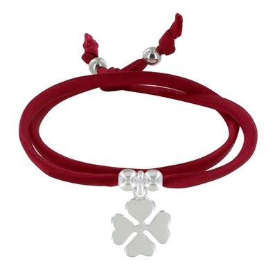 Bracelet Double Tour Lien Satin et Trèfle Argent Rouge LES POULETTES