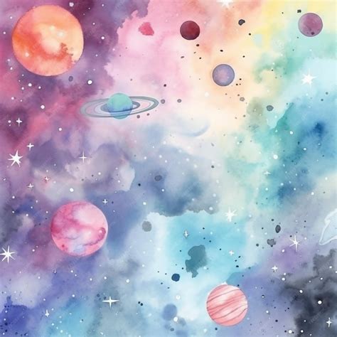 Pintura Acuarela De Planetas Y Estrellas Con Fondo Rosa Foto Premium