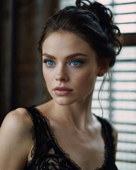 Attractive Brunette Woman In Black Lingerie Looks With Her Big Blue