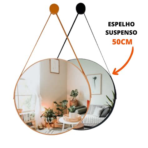 Espelho Decorativo Suspenso 50cm Alça de Couro Imagem Nítida Shopee